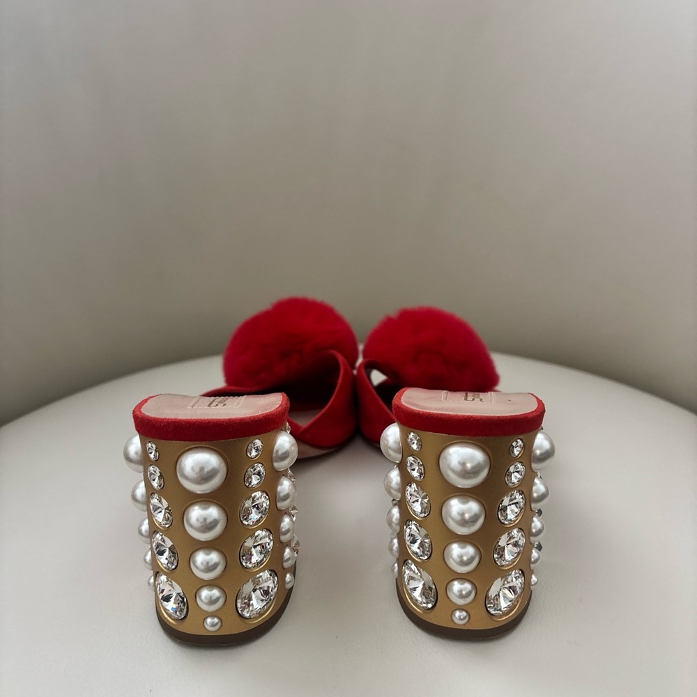 Chic Red Pom-Pom Mules with Pearl Heel